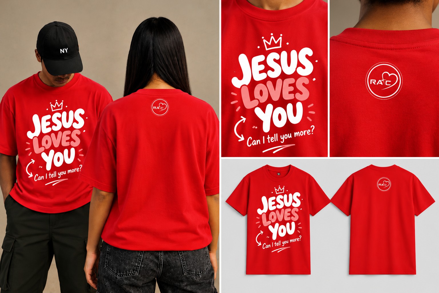 Close-up and full mockups of the red RATC T-shirt design