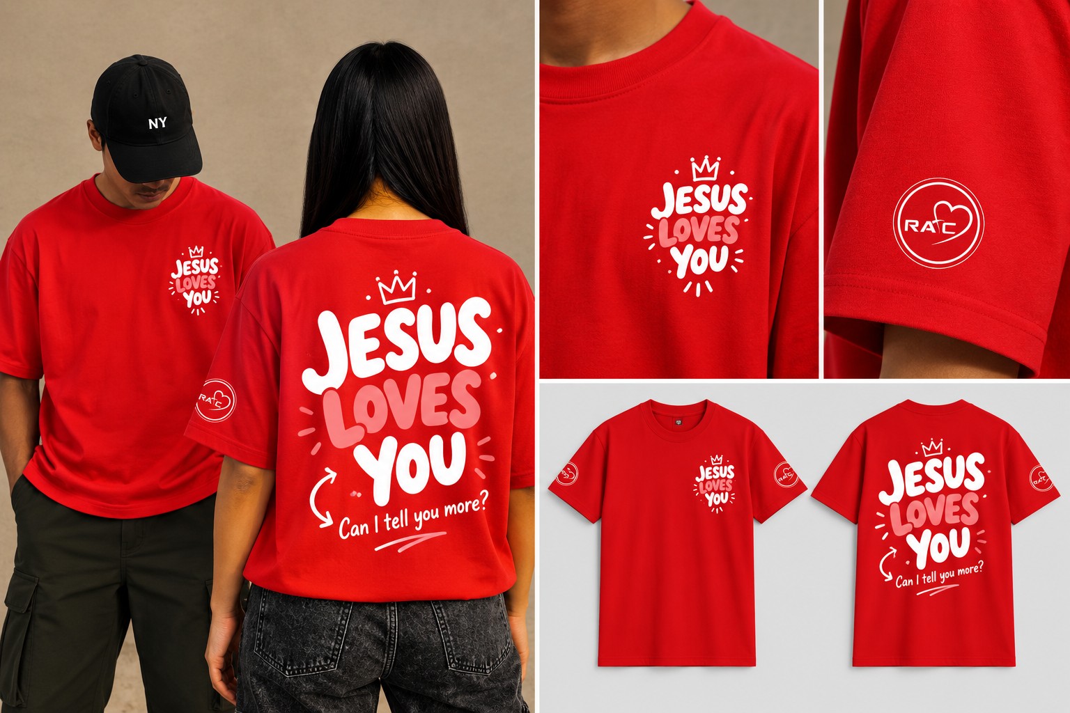 Red RATC Jesus Loves You T-shirt mockup showing front and back designs